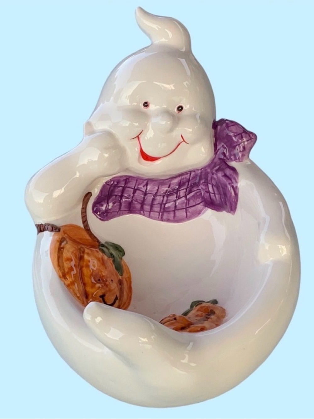 WCL 3D Ceramic White Ghost and Pumpkins Candy Dish